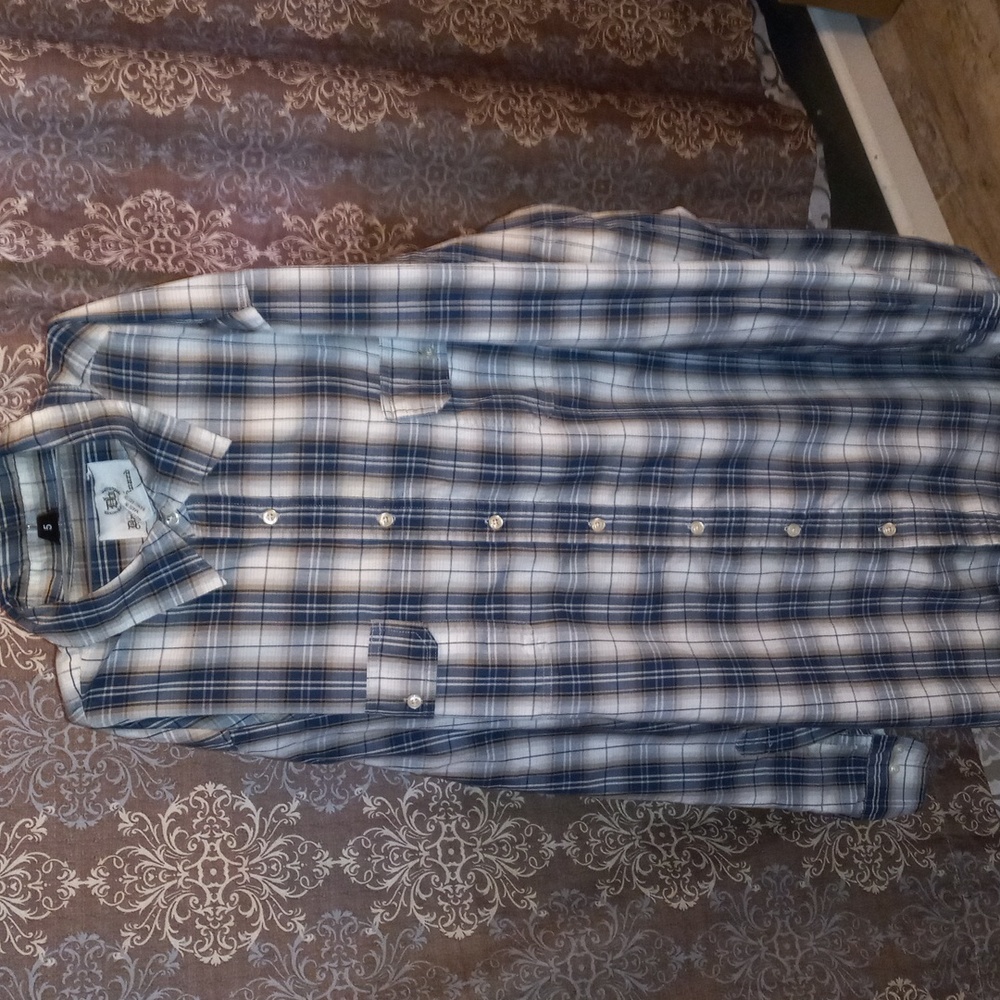 Big and tall tan and blue check long sleeve shirt